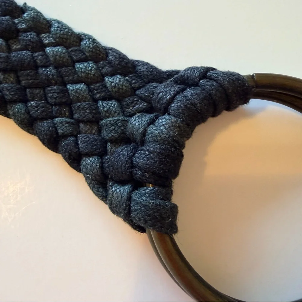 Handmade woven belt with tassle, black, coated cotton rope, size M